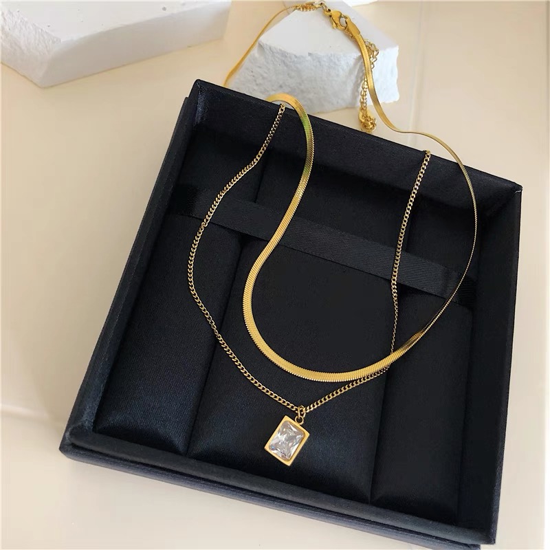 Dây Chuyền Hai Lớp Bằng Thép Titan Mạ Vàng Hồng 18k Đính Đá Kim Cương Thời Trang