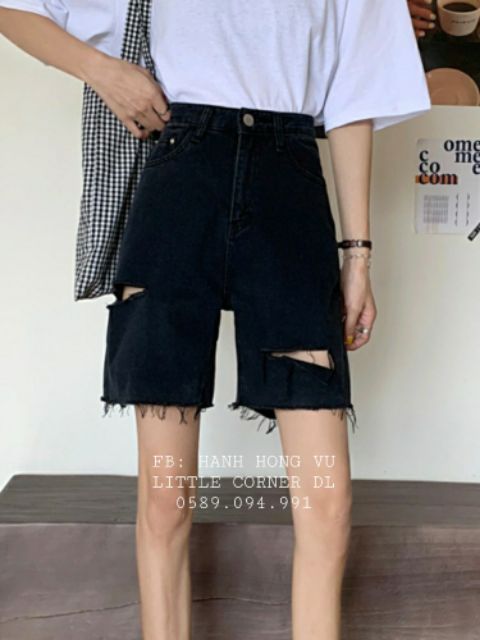 Quần short jeans ngố lửng rách sườn xẻ màu đen lưng cao form rộng ulzzang kèm ảnh thật