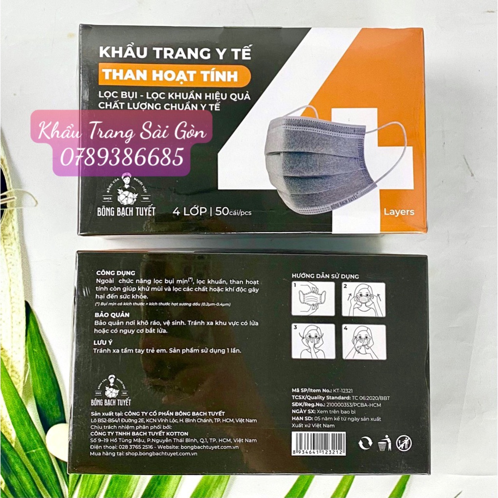 Combo 5 hộp khẩu trang y tế 4 lớp THAN HOẠT TÍNH 50 cái/ hộp Chính hãng BÔNG BẠCH TUYẾT