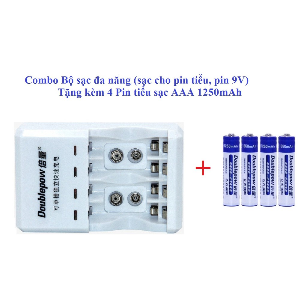 Combo Bộ sạc pin đa năng (sạc pin tiểu AA, AAA, pin vuông 9V) Tặng kèm 4 pin tiểu sạc AAA 1250mAh