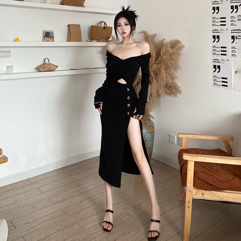 Kliou 2022 Mới Đầm midi Kliou dáng ôm tay dài cổ chữ V cài nút sành điệu cho nữ