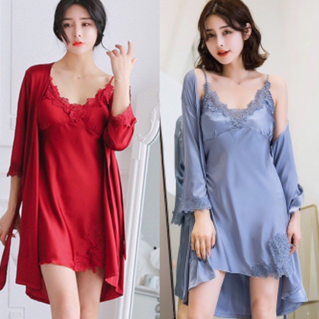 Bộ Ngủ Lụa Váy Ngủ Kèm Áo Choàng Vải Satin Chất Siêu Mát Dáng Siêu Xinh