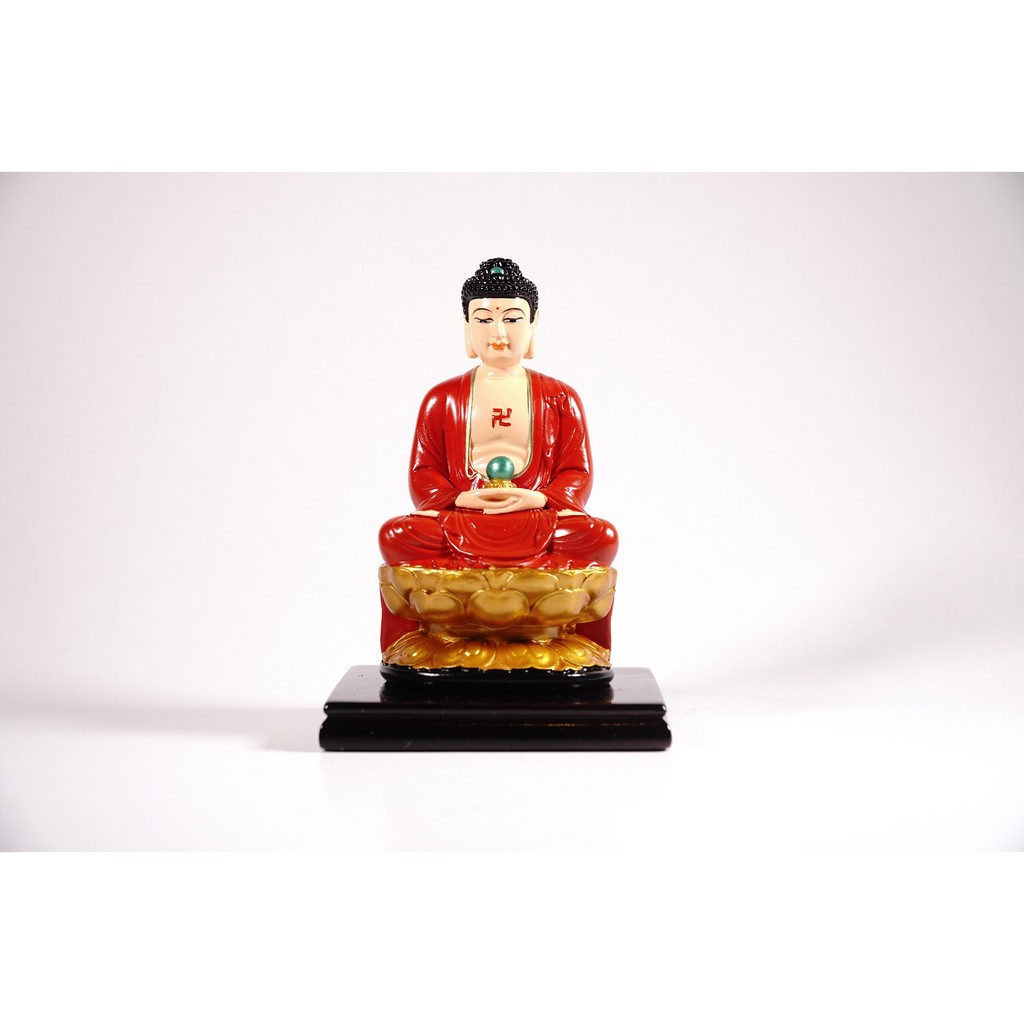 Tượng phật A Di Đà ngồi tòa sen có đế vẽ màu áo đỏ - Cao 12cm