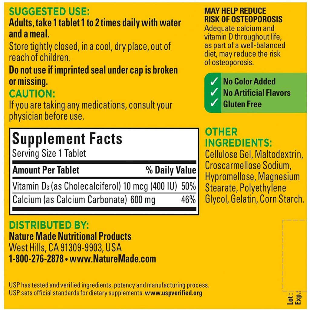 USA - Viên uống Canxi - Nature Made Calcium 600mg với vitamin D3 giúp chắc khỏe xương khớp 100/220 viên | Thế Giới Skin Care