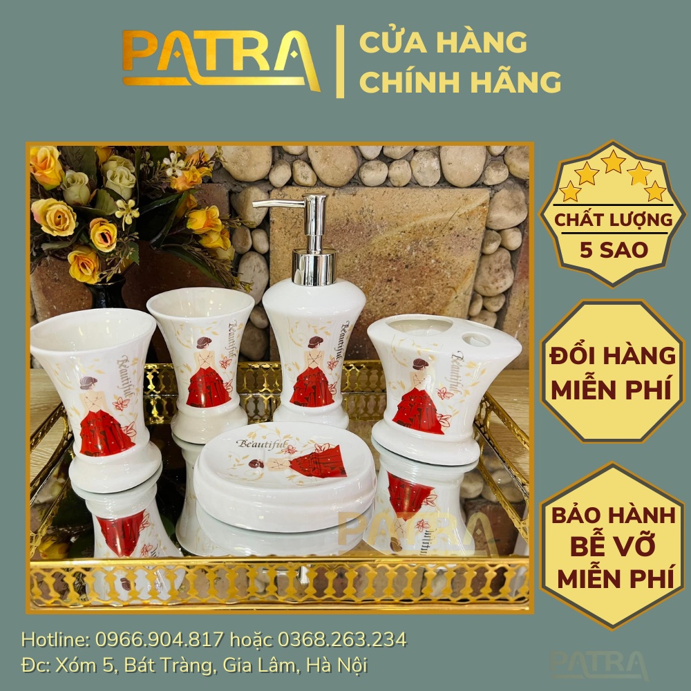 Set nhà tắm 5 món gốm sứ Bát Tràng - Bộ sứ vệ sinh, chai đựng sữa tắm dầu gội cao cấp