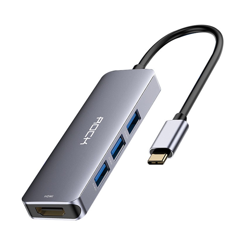 Bộ chuyển đổi Chân type C ROCK USB C to HDMI,USB3.0 & 3 cổng USB - Huco Việt Nam