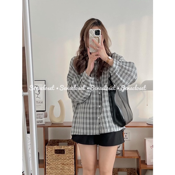 Áo sơmi sọc caro 2 màu form rộng oversize tay bo (Ảnh thật/Video)