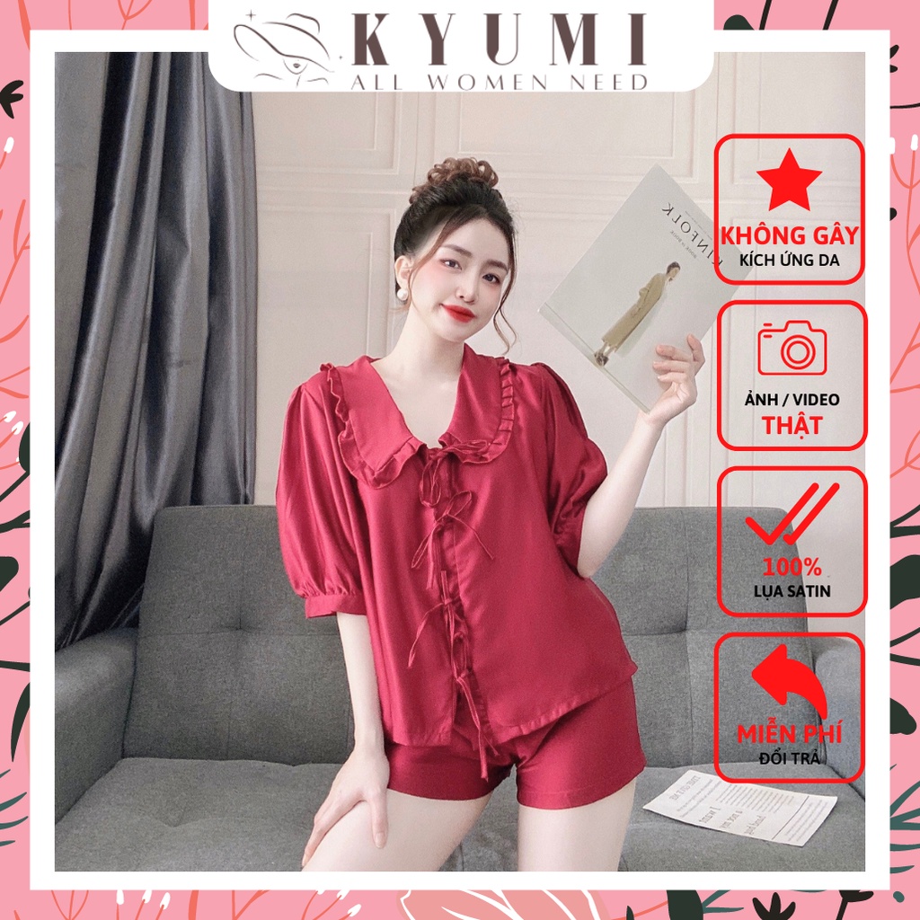 Đồ ngủ tiểu thư tay ngắn đính nút ngọc KYUMI OFFICIAL, lụa satin cao cấp mềm mại, freesize 40-60kg tùy chiều cao 037