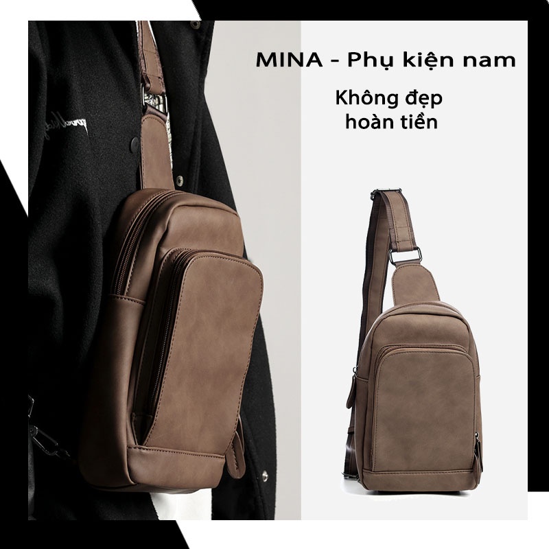 Túi đẹo ngực retro nam nữ đeo vai 1 bên da xịn bao tử dày dặn nhiều ngăn đằng trước Mina