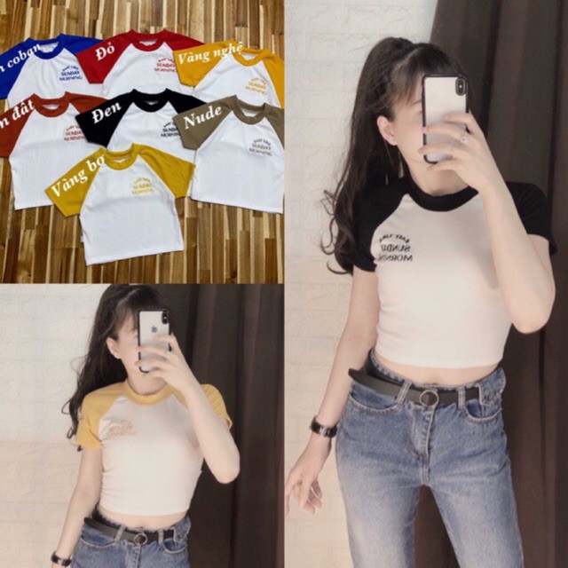 Áo thun croptop thêu chữ tay phối màu