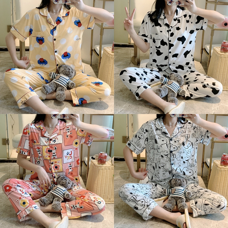 Bộ Đồ Ngủ Gồm 2 Món Bằng Cotton Tay Ngắn In Hoạt Hình Snoopy Cho Nữ