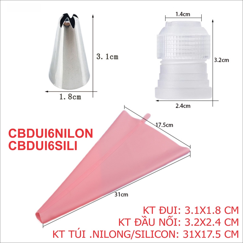 Đui Bắt Kem Dụng Cụ Làm Bánh Sinh Nhật Set 6 Đuôi Bắt Kem Tặng Kèm Đầu Nối Và Túi Bơm Kem Silicon Cao Cấp 8pcs - CBDUI6