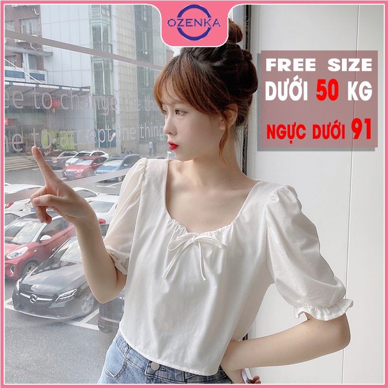 Áo croptop kiểu Hàn Quốc rộng tay lỡ nữ OZENKA , áo thun ngắn cổ vuông form rộng điệu đà đen trắng mặc đi học đi chơi