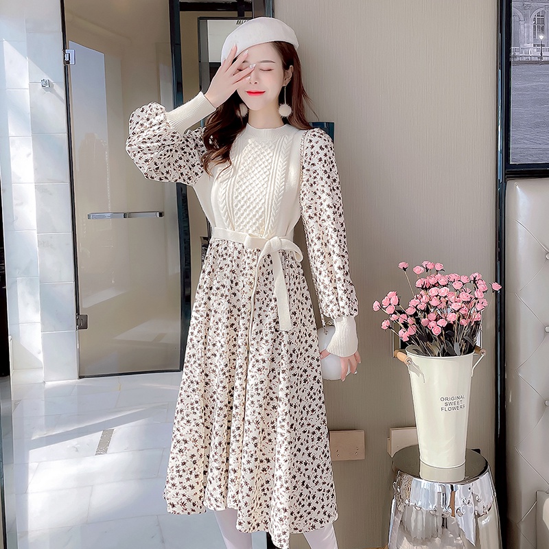 Đầm nữ hoa nhí thu đông, váy nữ mùa đông dáng xoè phối len chất đẹp 2021