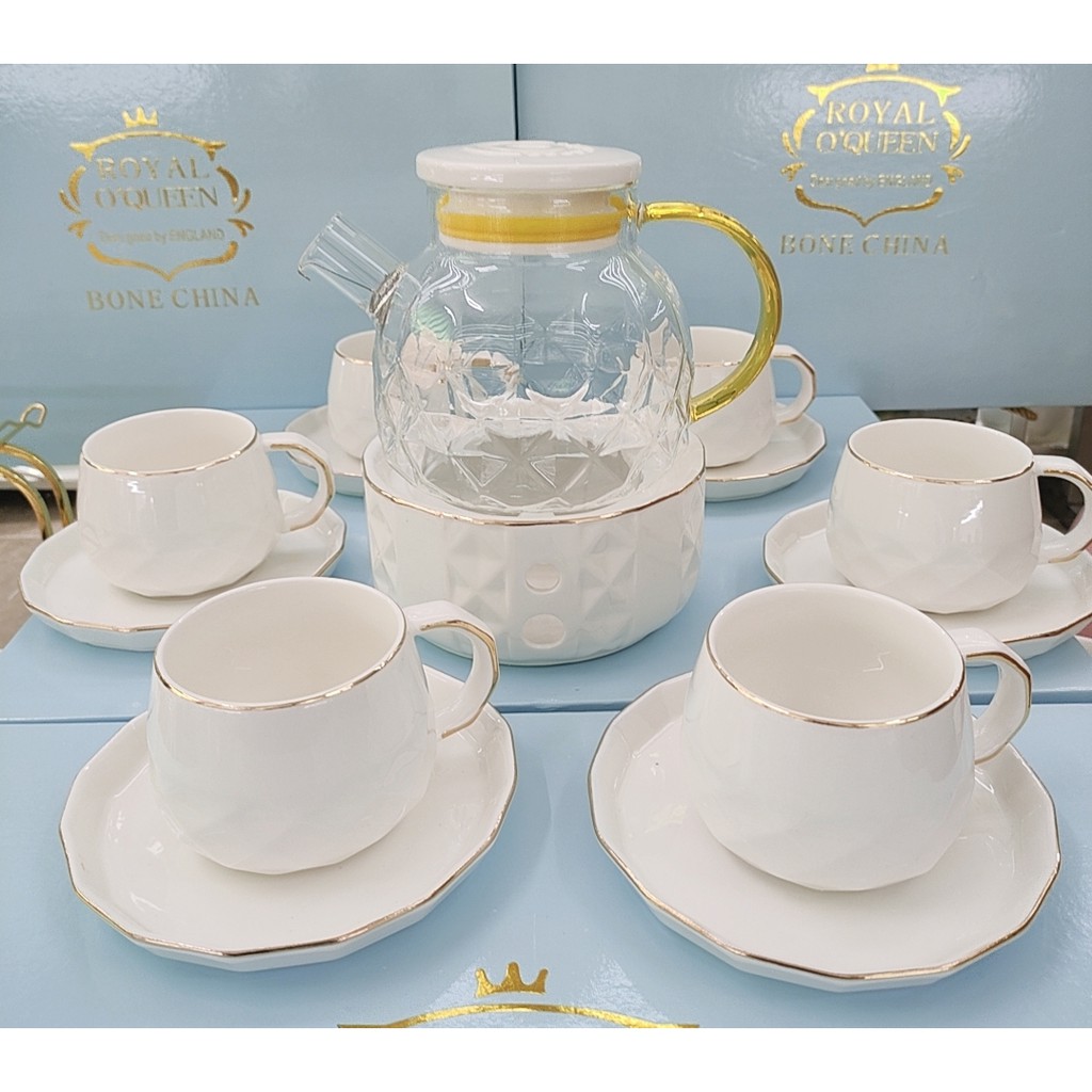 BỘ ẤM CHÉN CÓ LÓT TÁCH KÈM KHAY VÀ BẾP CHÂM TRÀ MÀU TRẮNG VIỀN VÀNG