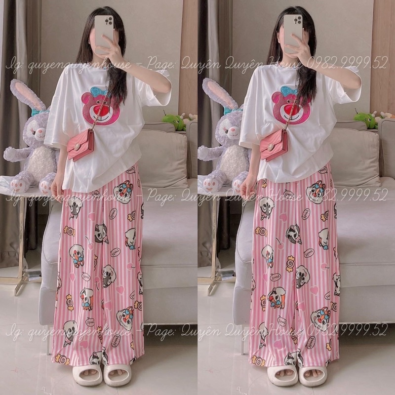 Set áo cotton gấu thêu lotso quần suông gân