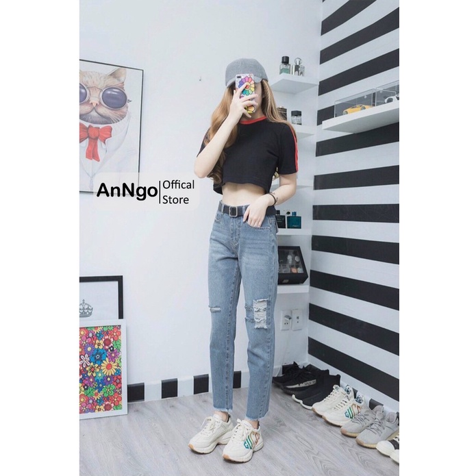 Quần jean nữ ống bo xước rách, chất jean denim không co giãn cực đẹp William - AT144