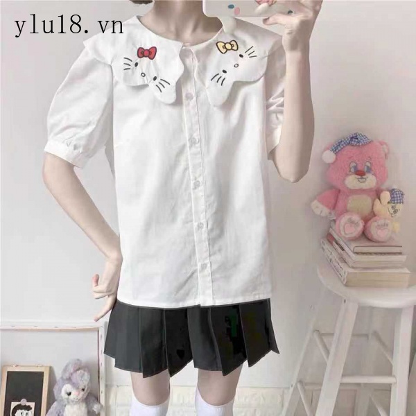 Áo Sơ Mi Trắng Tay Phồng Ngắn Phồng Thêu Họa Tiết Chú Mèo Dễ Thương Phong Cách Nhật Bản Cho Nữ