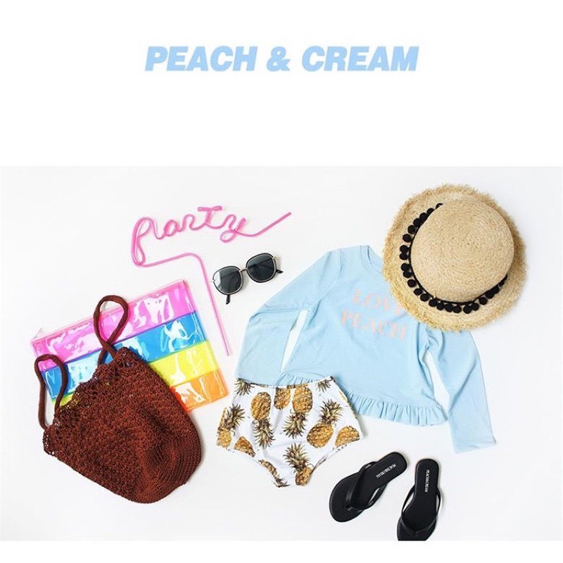 Bộ đồ bơi tay dài bé gái LOVE PEACH croptop quần cạp cao siêu kute