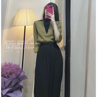 Áo sơ mi cổ V mix áo len cổ lọ( áo liền)