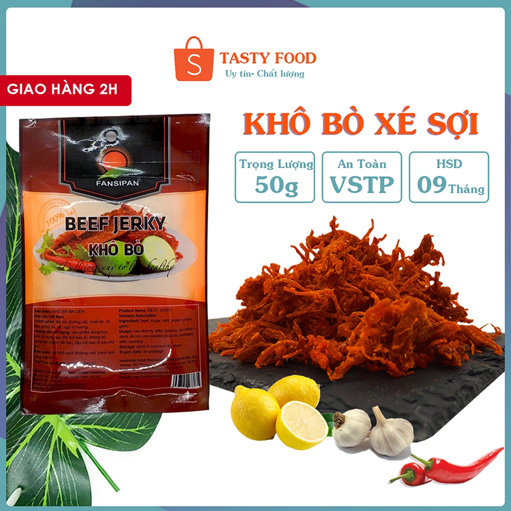 Bò khô sợi gói 50g đảm bảo vệ sinh an toàn Fanxipan, khô bò sợi loại đặc biệt siêu ngon đặc sản Tasty Food