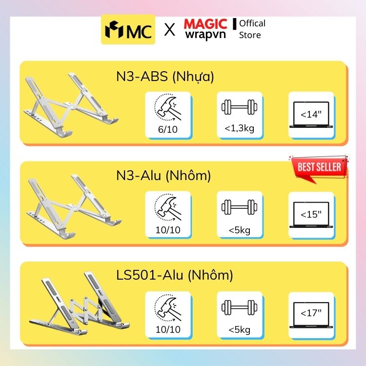 [V2]Giá đỡ Laptop, Macbook bằng nhôm điều chỉnh độ cao, đế tản nhiệt kê laptop nhôm MC x MAGICwrapvn