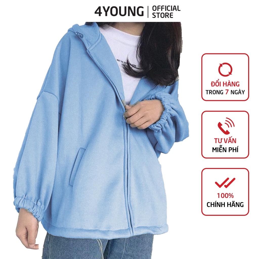 Áo hoodie nữ form rộng có dây kéo 4YOUNG LV24