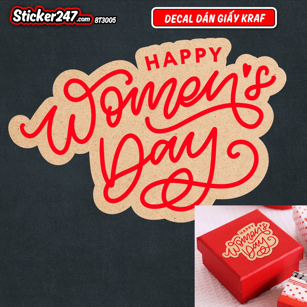 Tem nhãn decal giấy Kraft chữ Happy Women Day Chúc mừng Ngày quốc tế phụ nữ 8 tháng 3
