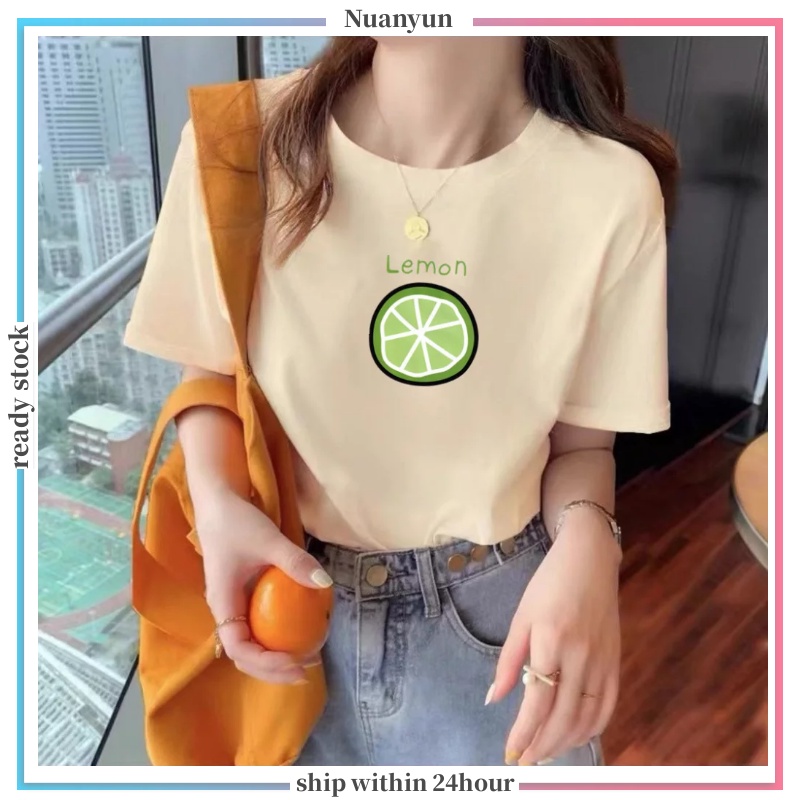 【kho sẵn sàng】Áo Thun Tay Ngắn Cổ Tròn Màu Trơn In Họa Tiết Trái Chanh Hoạt Hình Phong Cách Hàn Quốc Thời Trang Cho Nữ