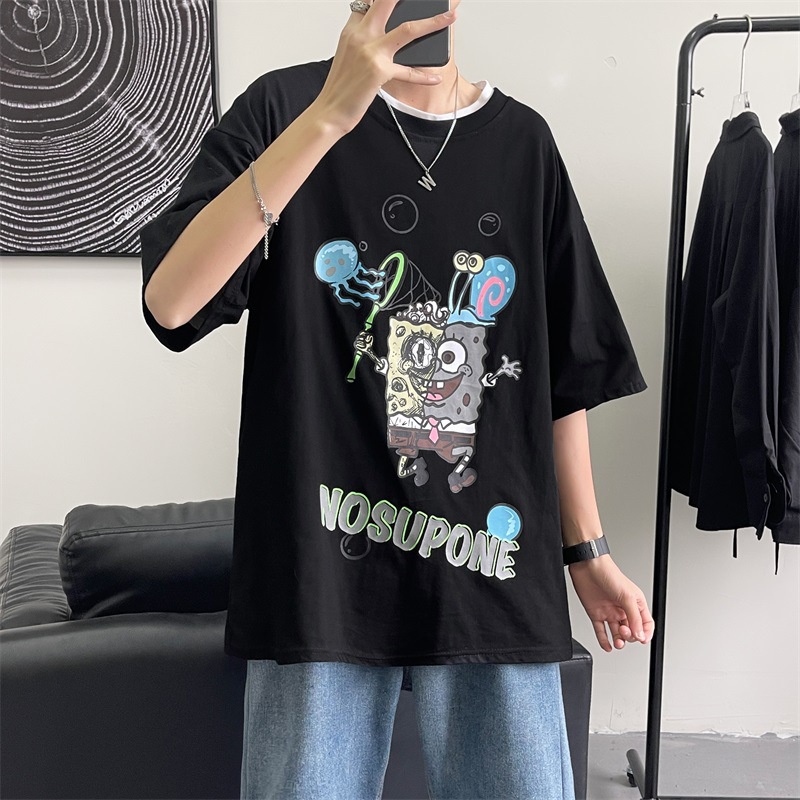 Áo Thun Cotton Tay Ngắn In Hình SpongeBob Phong Cách Hàn Quốc Cho Nam