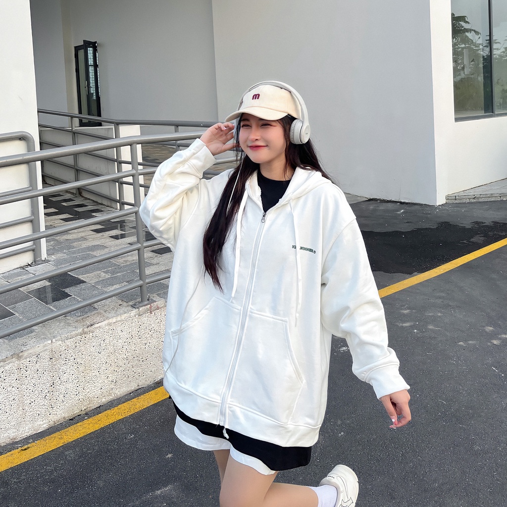 Áo Khoác Nữ Hoodie Zip Form Rộng JEM CLOSET Chất Liệu Vải Chân Cua 2 Màu Đen Trắng BILIV 10263
