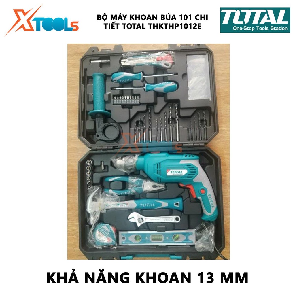 Bộ máy khoan cầm tay có búa 101 dụng cụ TOTAL THKTHP1012E công suất 650w, tốc độ 3000 rpm, khả năng khoan 13mm, có chỉnh