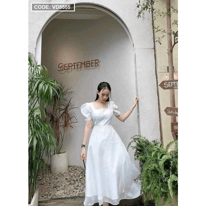 [HCM – hàng cao cấp] Mẫu đầm nữ đẹp maxi màu trắng cổ vuông nơ lưng tay bồng.