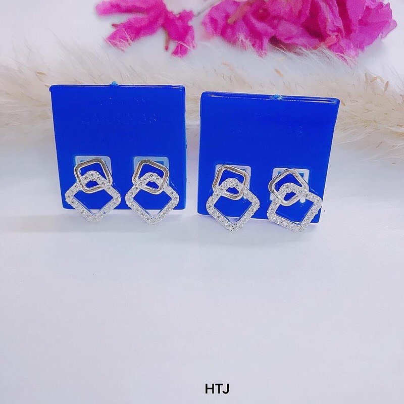 Bông tai nữ bạc ta vuông lồng đính đá sang chảnh - Kho sỉ bạc Nhất Linh