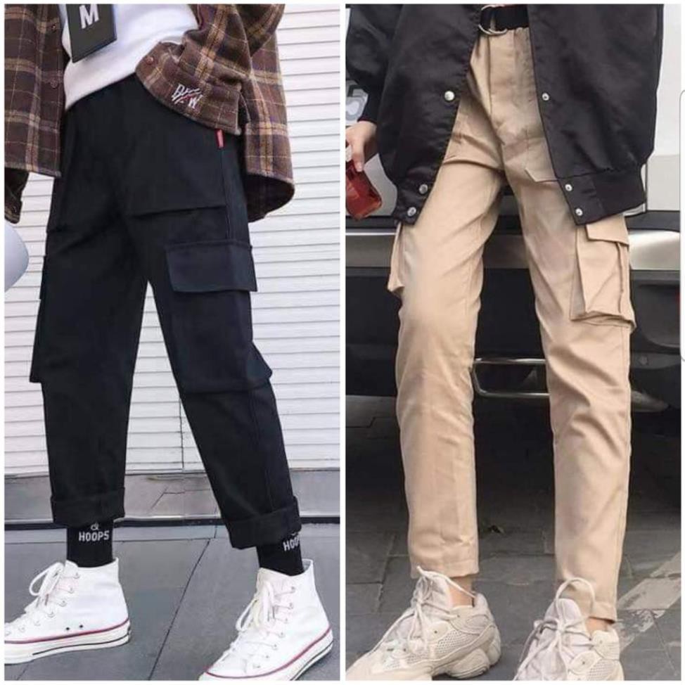 Quần Kaki Nam Nữ TÚI HỘP BOX PANTS Unisex - Kiểu quần Baggy kaki thun co dãn đen và tan be Leevin Store 🥇