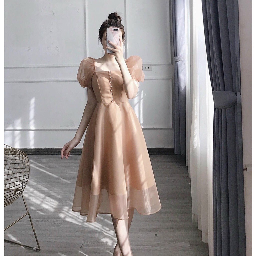 ĐẦM CÔNG CHÚA CỔ VUÔNG TAY PHỒNG - MIDI DÁNG XÒE - THIẾT KẾ DỰ TIỆC DẠO PHỐ | BigBuy360 - bigbuy360.vn