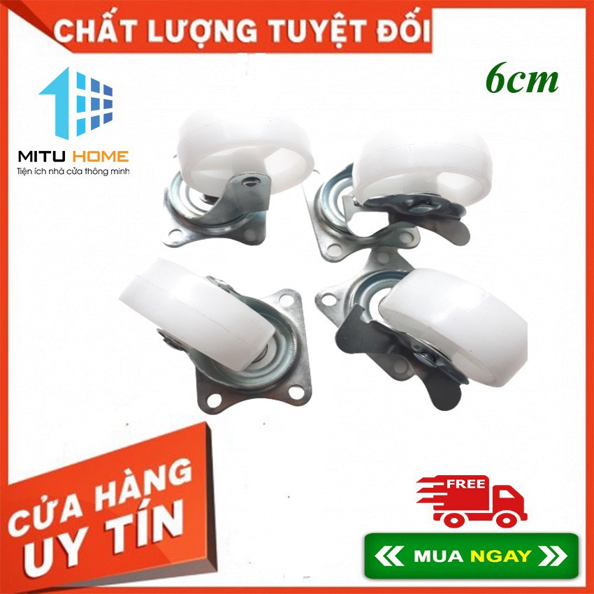 Bộ 4 bánh xe trắng đẩy hàng xoay 360 độ, có khóa trượt loại 6cm(tmh5076)