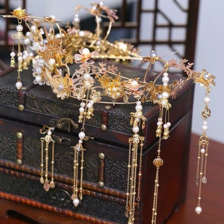 [Aishang Phụ Kiện Trang Sức Đẹp] Cài Tóc Cô Dâu Xiuhe Hình Vương Miện Phượng Hoàng Mạ Vàng Tua Rua Phong Cách Trung Hoa Cổ Điển Xiahua Wedd