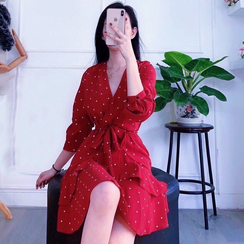 [Mã SKAMA06 giảm 8% tối đa 50K đơn 250K] Đầm bi đỏ tầng cột eo (kèm hình thật) | BigBuy360 - bigbuy360.vn