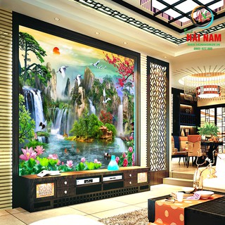 Tranh dán tường 3D sơn thủy hữu tình - vải lụa kim tuyến dán trực tiếp lên tường tặng kèm keo dán tường