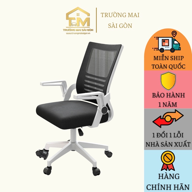 Ghế văn phòng làm việc tay gập thông minh lưng lưới thoáng mát chân xoay 360 độ nâng hạ thư giãn Trường Mai Sài Gòn