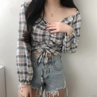 Áo kiểu nữ dài tay cổ chữ V trễ vai eo thắt dây thời trang