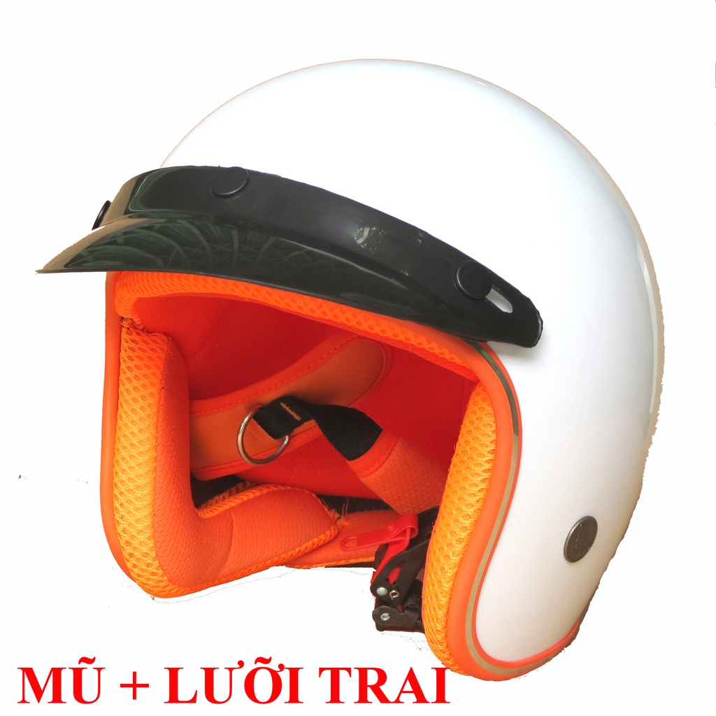Mũ bảo hiểm 3/4 nón bảo hiểm 3/4 NTMAX trắng bóng lót cam