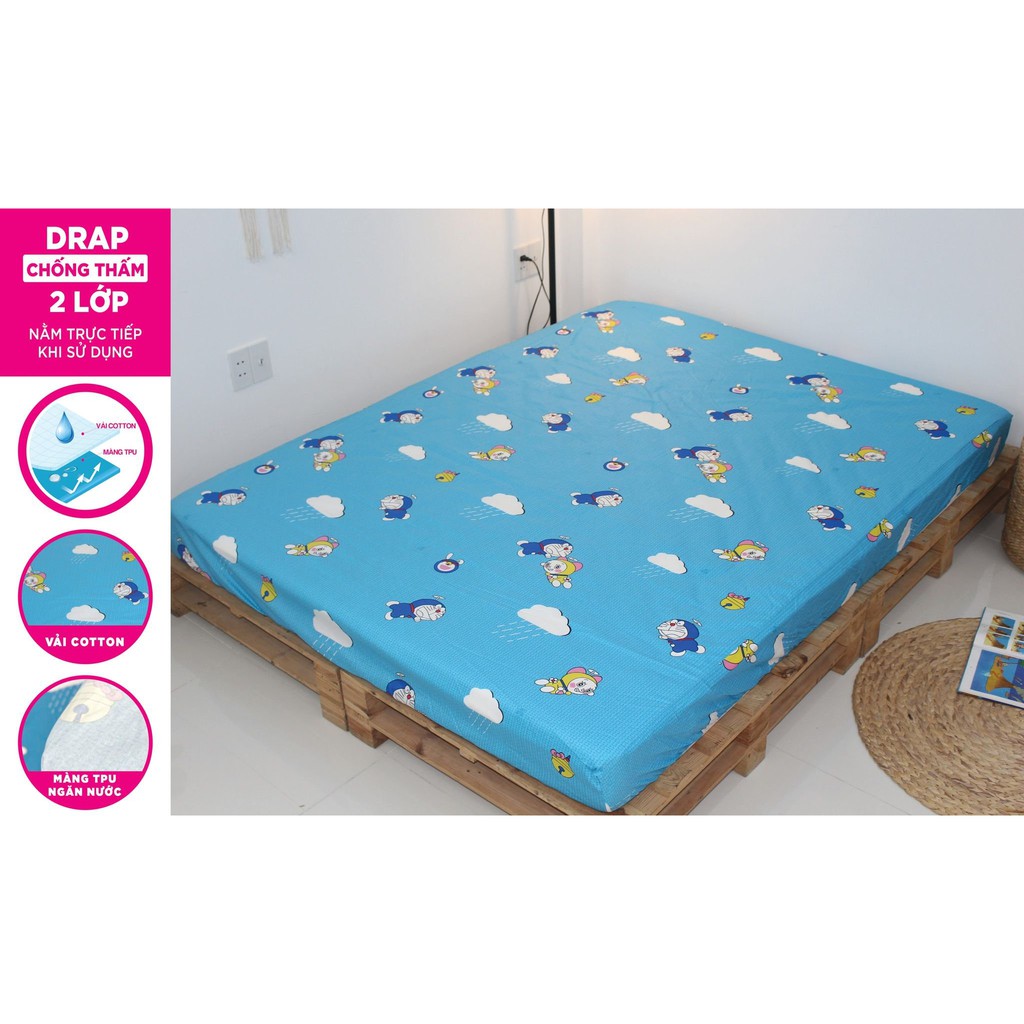 GA CHỐNG THẤM NƯỚC COTTON 5D 2 LỚP CAYABE MÈO DORAEMON XANH