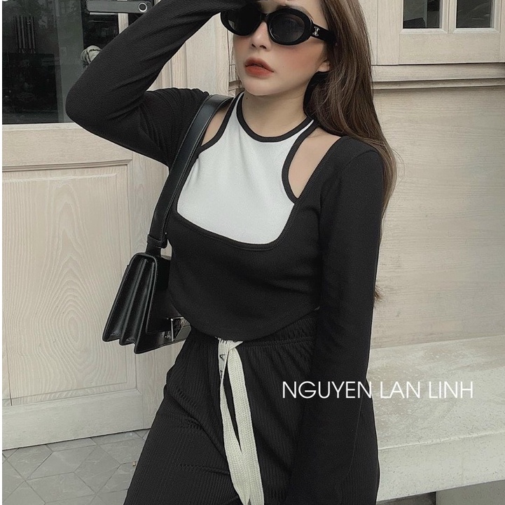 Áo yếm phối cổ phối màu chất thun tăm co dãn tốt vạt bầu vanmiushop