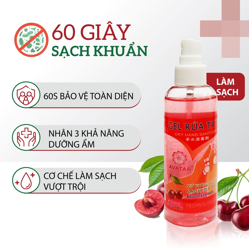 Set 3 Chai Xịt Rửa Tay Hương Cherry Diệt Khuẩn Vượt Trội, X3 Dưỡng Ẩm Không Gây Khô Da AVATAR 100ml