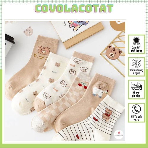 Set tất nữ cao cổ chất liệu cotton thoáng mát in hình dễ thương