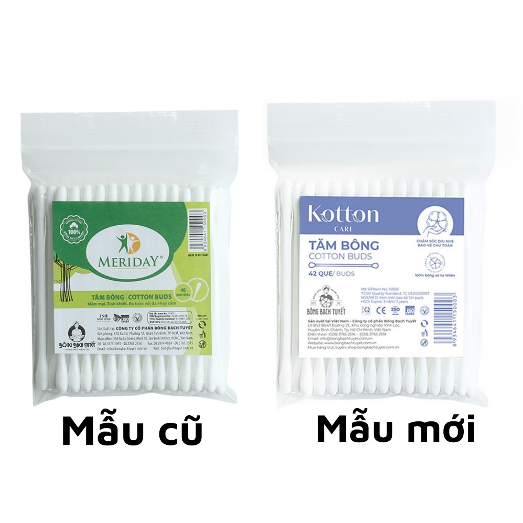 Tăm Bông Meriday Combo 10 gói ( 42 Que/Gói ) chính hãng Bông Bạch Tuyết - Tăm bông thân nhựa 42 que Kotton Care mẫu mới