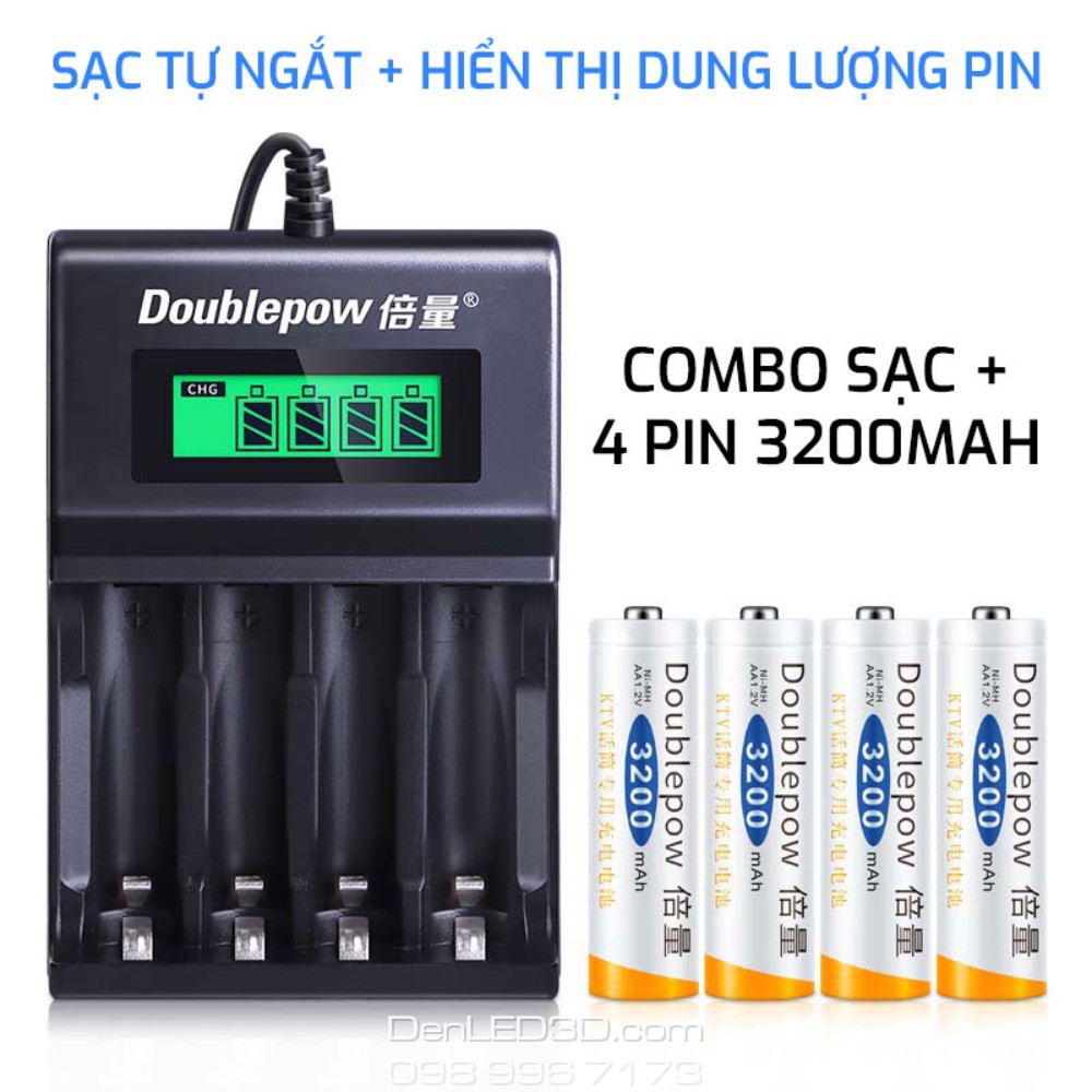 [Chính Hãng] Combo Sạc Tự Ngắt UK93B Kèm 4 Pin Doublepow 3200Mah Cho Mic Karaoke, Camera