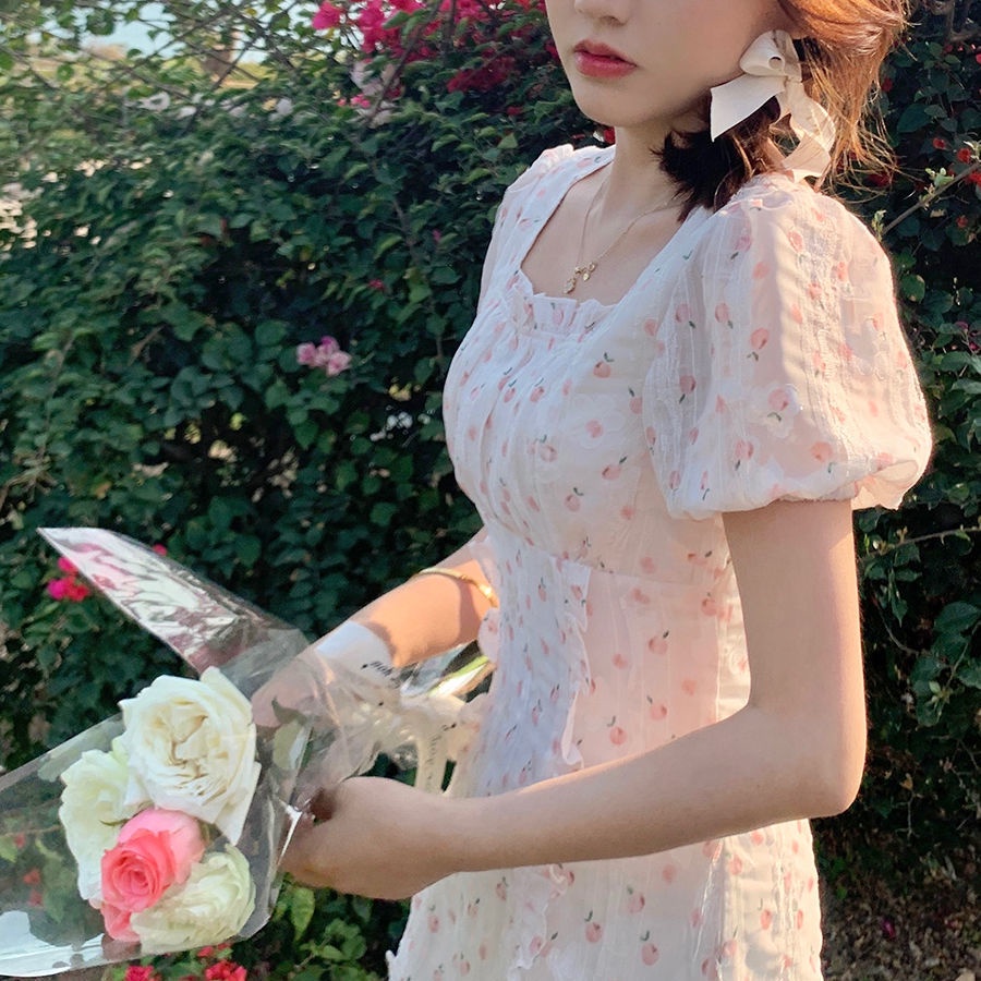 Đầm voan tay phồng in họa tiết hoa thời trang mùa hè mới cho nữ 2021